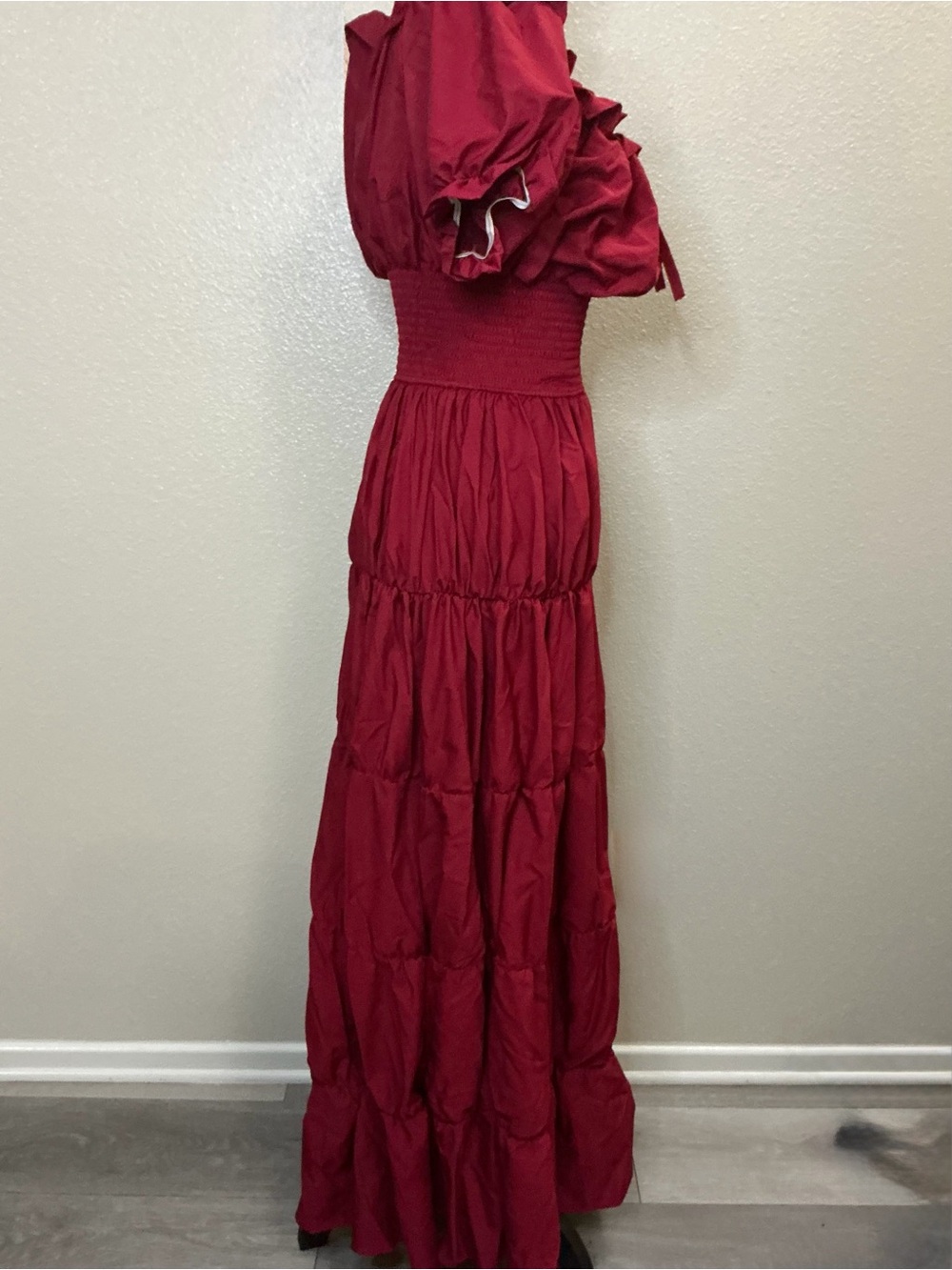 Women's Red Puff Sleeve Smocked Waist Maxi Dress - Picture 5 of 6